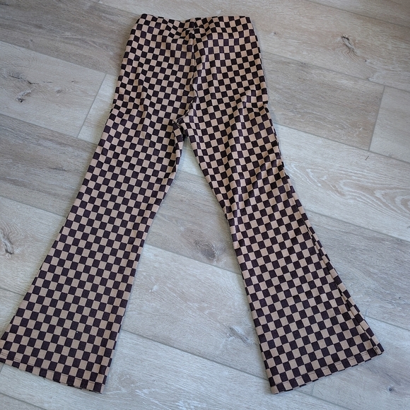 Funky Retro Brown Flared Checkered Pants Junior Size 3 High Elastic Waist - Picture 5 of 8